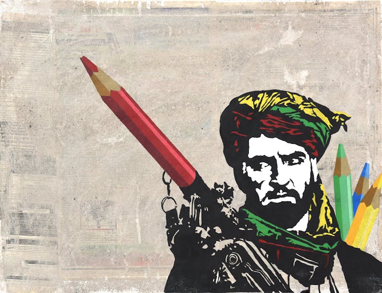 A mural of a soldier holding a large pencil in place of a gun.