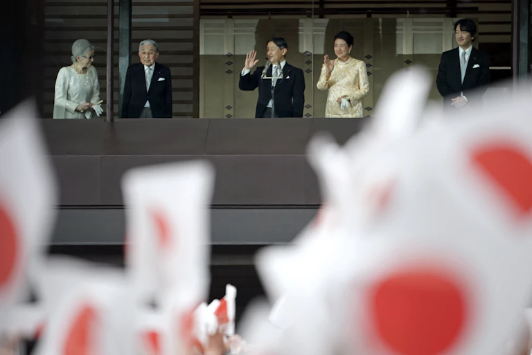 Japan's former Empress Michiko, former Emperor Akihito, his son and current Japanese Emperor Naruhito, Empress Masako and Crown Prince Akishino