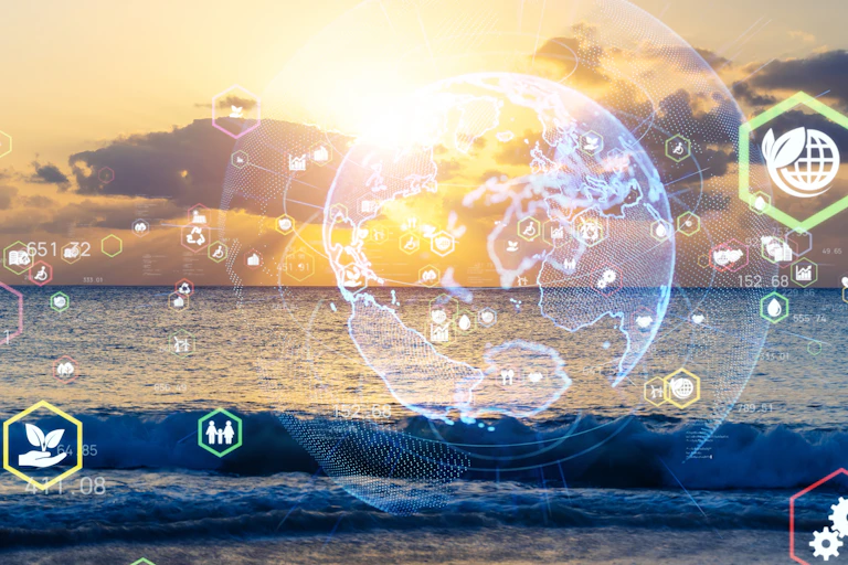 globe against ocean with symbols