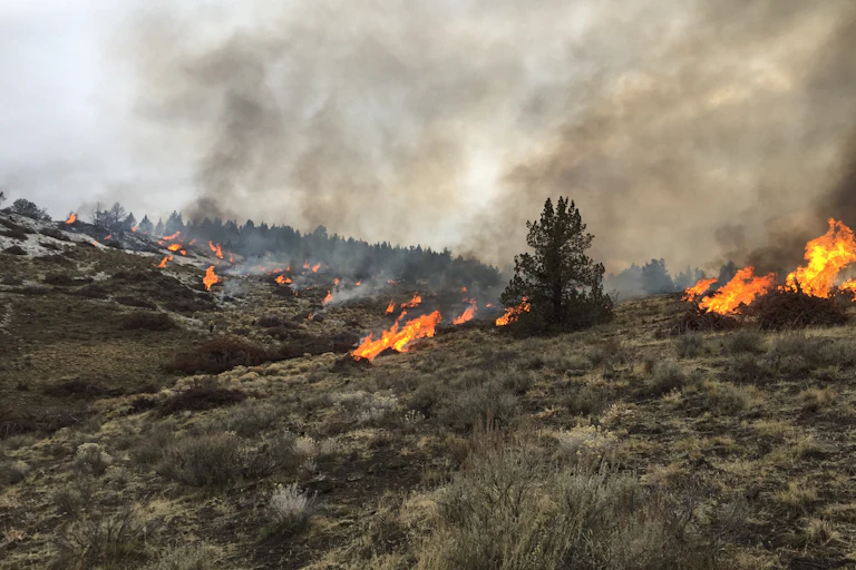 small fires burning on a hilly landscape