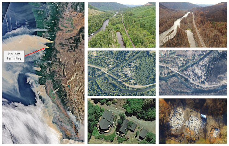 Six before-and-after photo pairings and a satellite image of the fire.