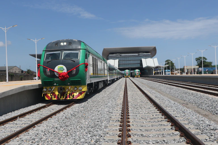 Trains parked at a train station