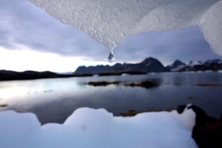 water drips from ice into a bay in Greenland.