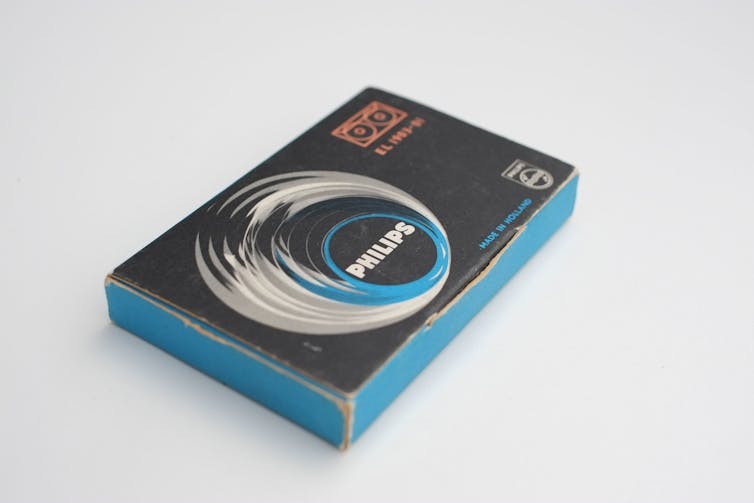 An image of the first model of compact cassette tape sold by Philips in the 1960s