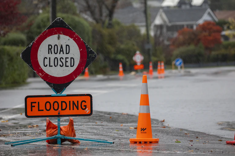 Road closure sign after flood event