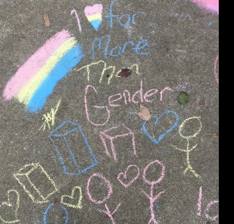 A multicolored chalk message supporting Pride on a sidewalk in Pikeville during its Pride celebration.