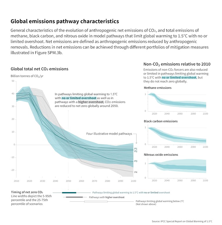 Graph showing different ways emissions could peak at about 2025 and fall.