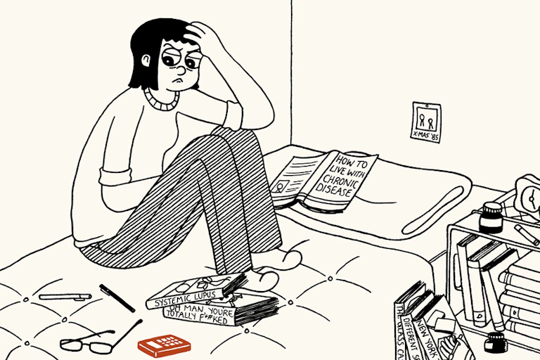 Cartoon cell: a woman on a messy bed