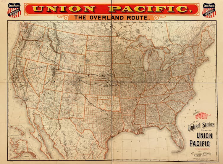 A map of the United States with railroad routes marked, crisscrossing the country.