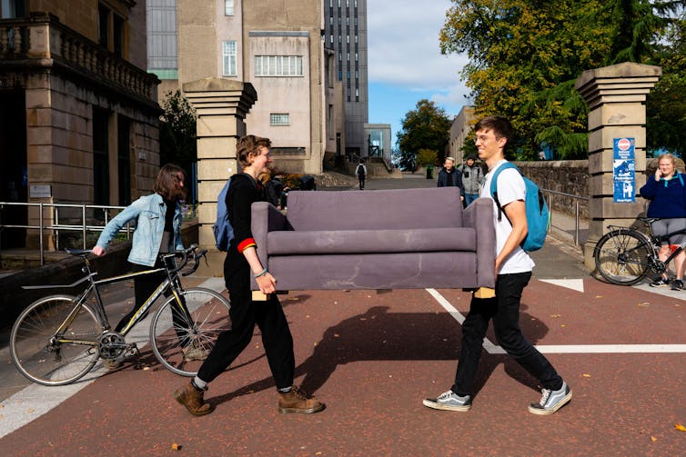 Fresher students transporting a sofa bought on Gumtree