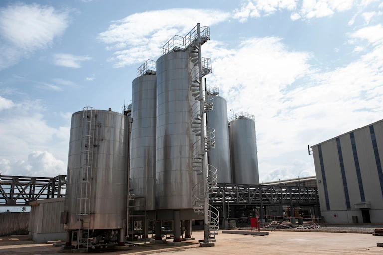 Giant storage and processing facilities in a factory.