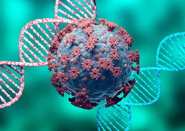 Abstract image of the Sars-CoV-2 virus  and DNA in the background.