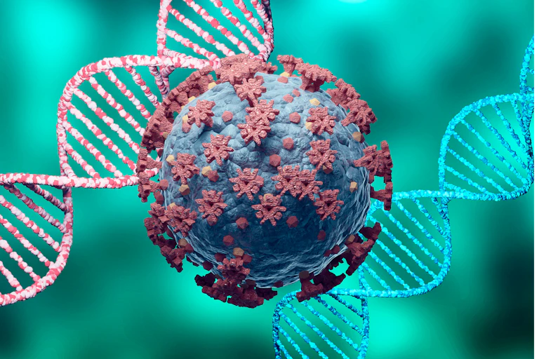 Abstract image of the Sars-CoV-2 virus and DNA in the background.