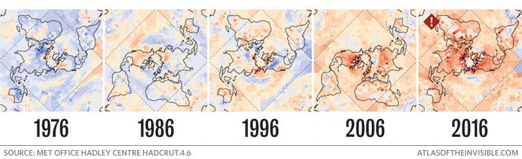 A visualisation of increasing global temperatures from 1976-2016, from Atlas of the Invisible.