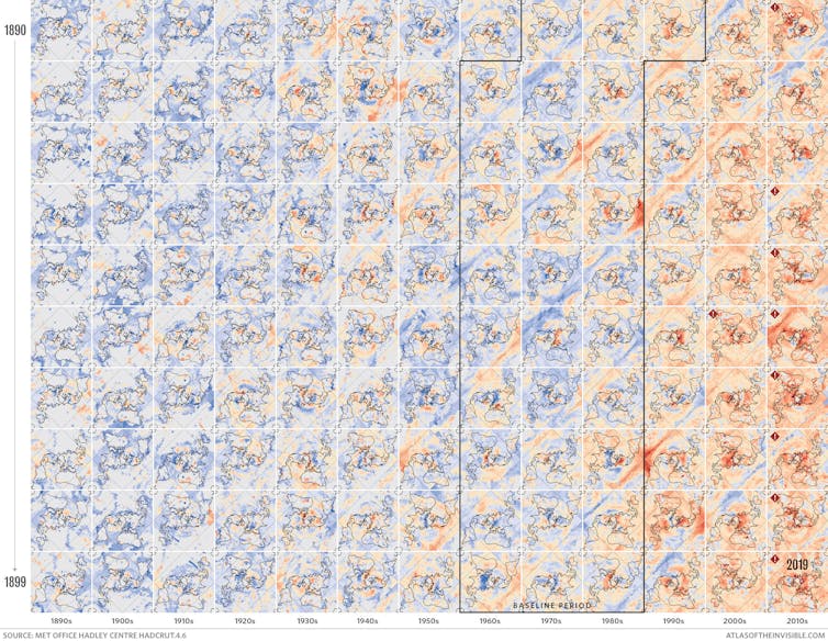 A series of coloured maps represents the global warming trend