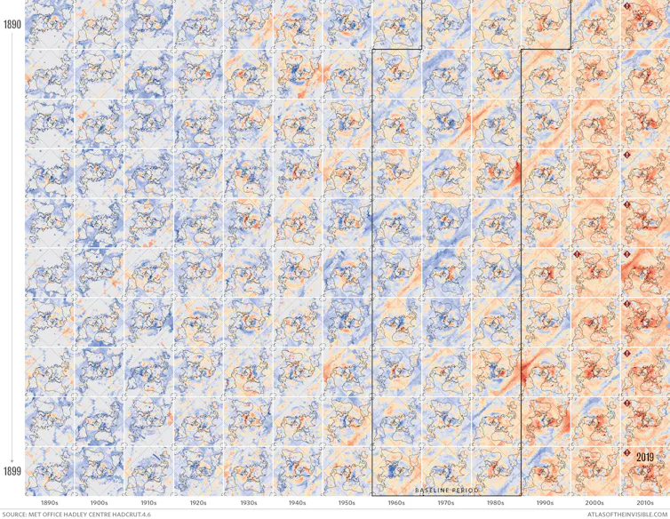 A series of coloured maps represents the global warming trend