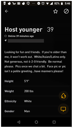 A Grindr user says 'Whites/Asians/Latinos only.'