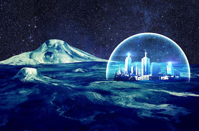 A city inside a dome on an alien landscape