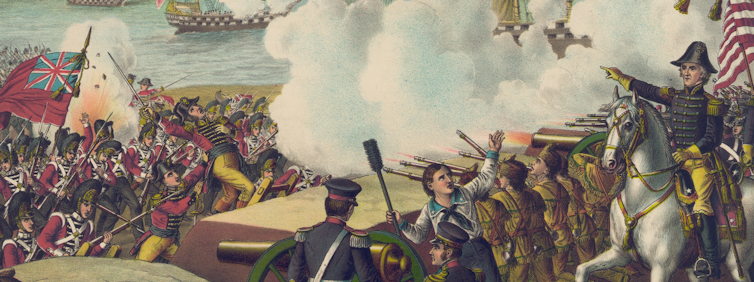 A painting of a battle, with U.S. forces on the right, led by Andrew Jackson, and British forces invading by sea from the left
