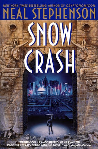 A book cover with a graphical representation of a massive stone gate with a pair of large unicorn friezes on either side, a futuristic cityscape on the far side of the gate and a male figure standing in the gate facing the city with a sword raised over hi