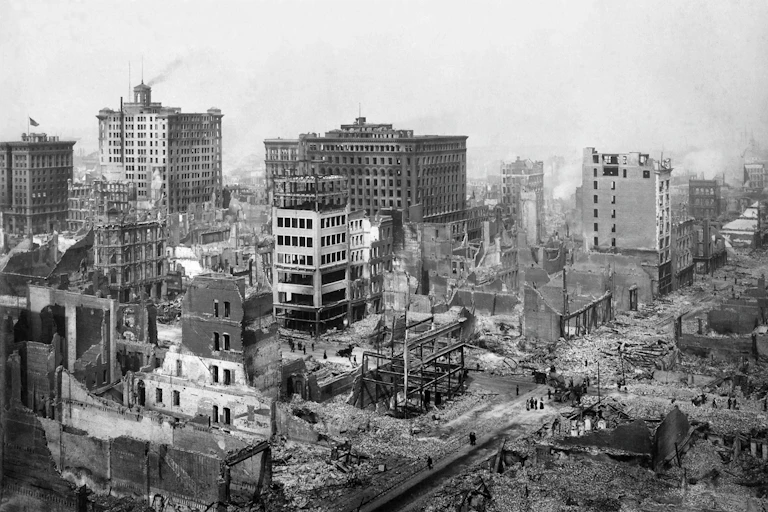 Black and white photograph of destroyed urban blocks