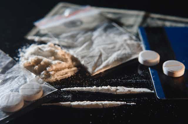 illegal drugs, powder, pills