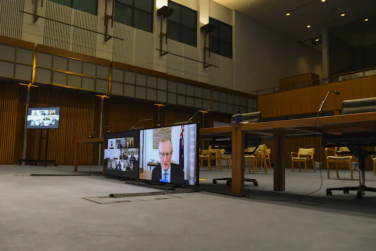 Reserve Bank of Australia governor Philip Lowe appears before the House of Representatives Standing Committee on Economics via video link on August 6 2021.