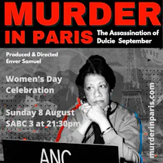 The words 'Murder in Paris' in red above an image of a woman and details of a film screening.