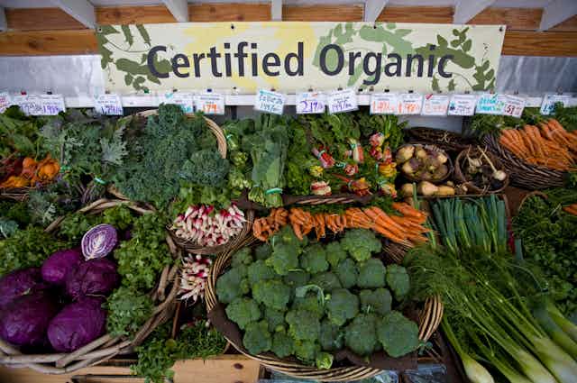 Produce for sale, marked "Certified Organic"