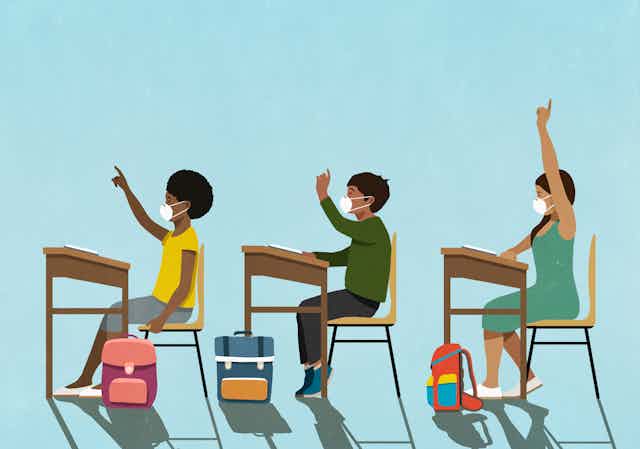 Cartoon illustration of three students sitting at desks with backpacks and raising their hands