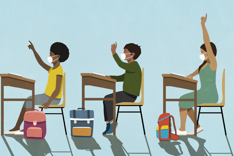 Cartoon illustration of three students sitting at desks with backpacks and raising their hands