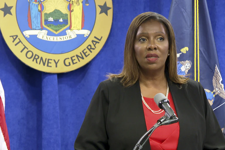 Letitia James stands in front of a microphone with the attorney general seal on a blue curtain behind her during a press conference