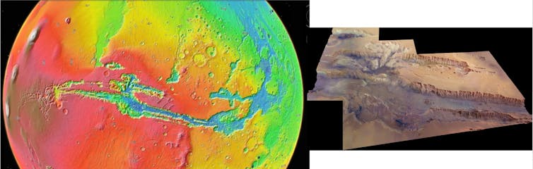 Imagen de Marineris en una vista topográfica codificada por colores.