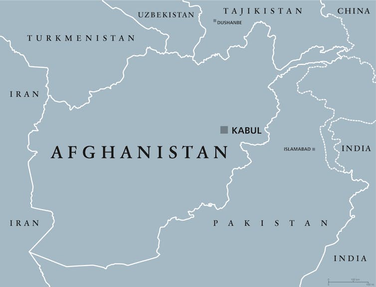 A political map of Afghanistan showing its bordering countries