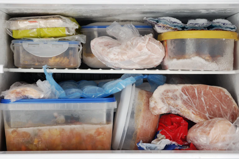 Frozen food inside a freezer. Lots of leftovers in plastic containers.