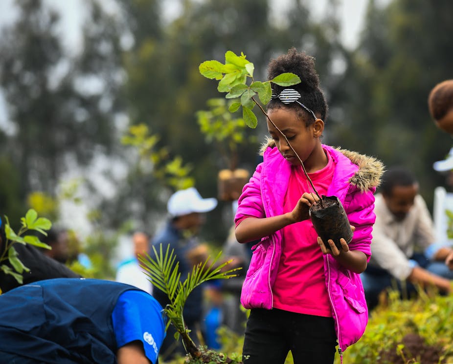 A girl holds a tree sapling and looks ready to plant it.