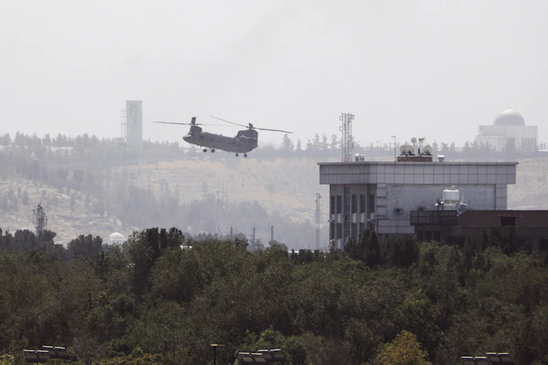 A U.S. Chinook helicopter flies near the U.S. Embassy in Kabul.