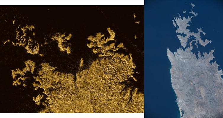 Images of Ligeia Mare and The Musandam peninsula side by side.