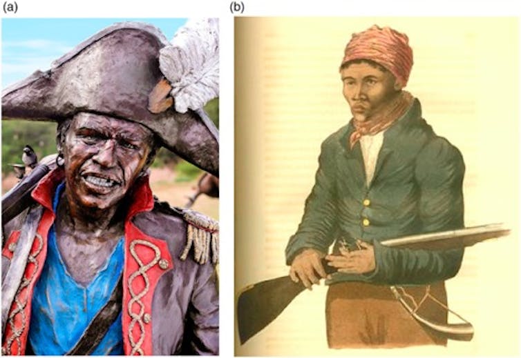 Two images of historical black figures, one in an elaborate hat and coat as part of a bronze sculpture and the other simply dressed and peasant-like and holding a gun.