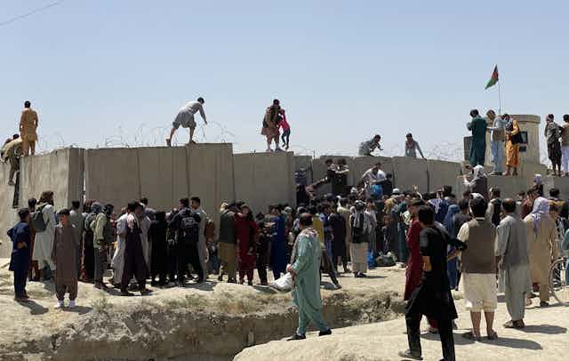 A crowd gathering outside Kabul airport, where some people are trying to climb over the peripheral wall. 