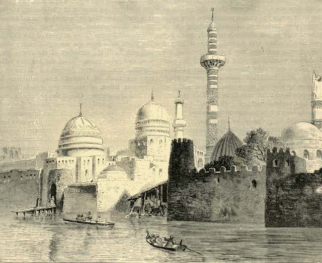 hand drawn illustration of Mosul with several dome buildings over looking a river and boats