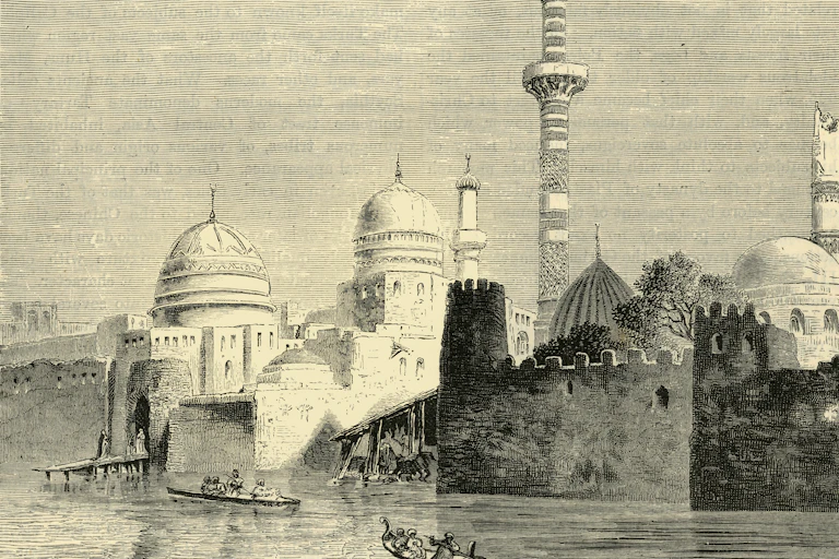 hand drawn illustration of Mosul with several dome buildings over looking a river and boats