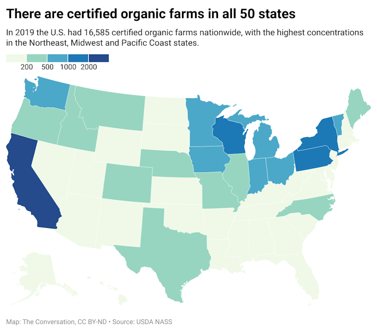 A map of the United States with each state color coded to correspond to the number of certified organic farms in that state.