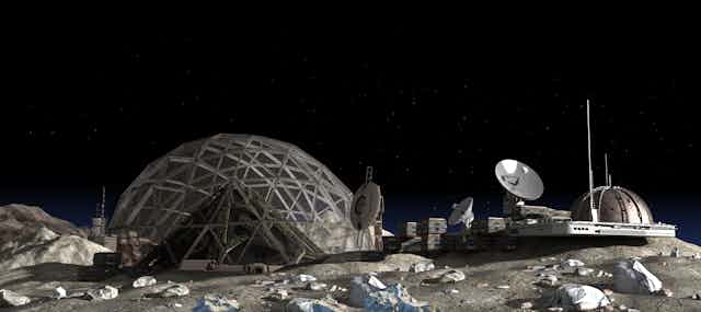 3D Illustration of a Moon outpost colony with a geodesic dome housing a vertical garden pyramid