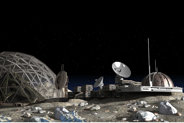 3D Illustration of a Moon outpost colony with a geodesic dome housing a vertical garden pyramid