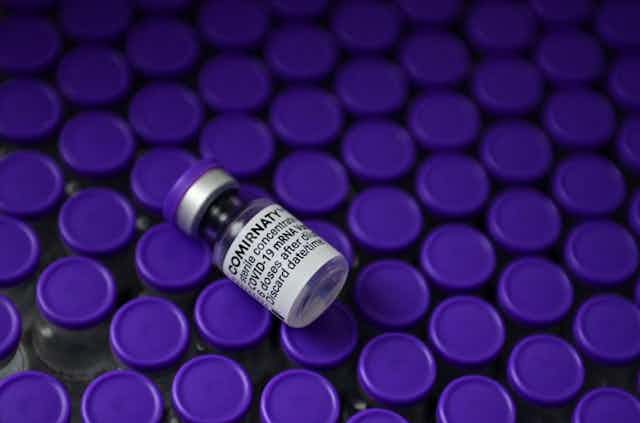 Une fiole du vaccin Pfizer (Comirnaty) est posée sur des dizaines d'autres.