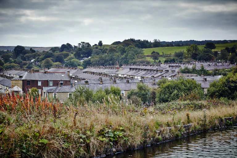 Terraced house rooftops in Burnley.