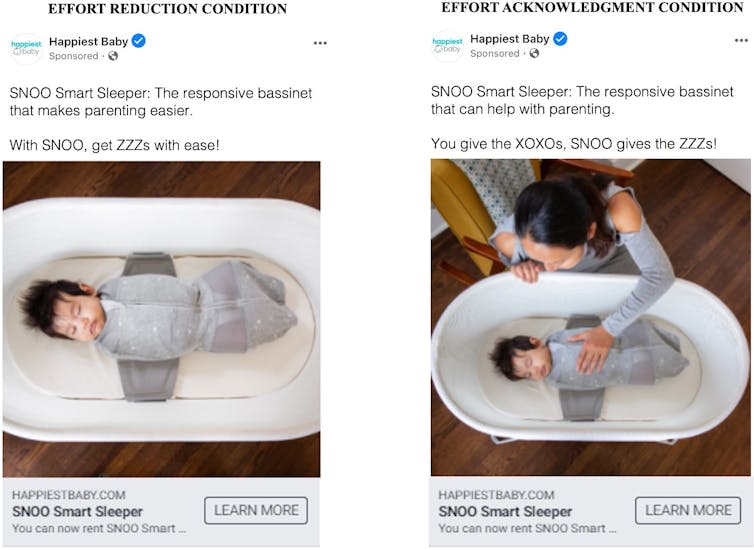 Two similar tweets are shown side by side, the one on the left emphasizing how a SNOO smart crib will reduce effort, the one on the right emphasizing the role of the parent