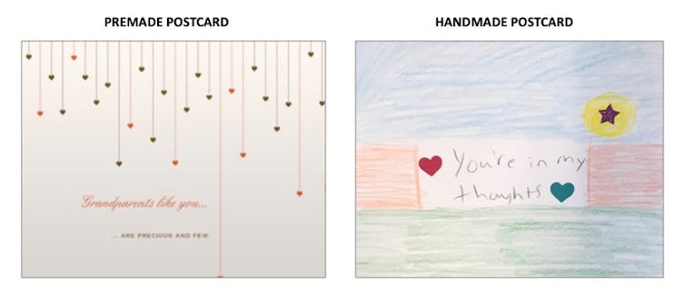 The front of two cards shown side by side, the one on the left is premade, the one on right is handmade with the words 'you're in my thoughts' written in pencil and stickers of two hearts and a star