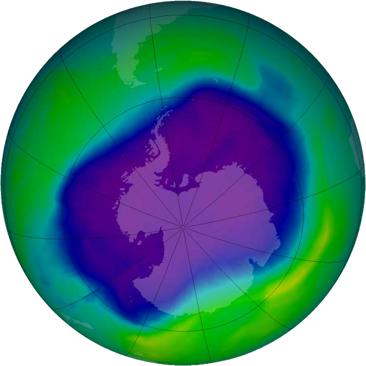 A satellite image of the southern hemisphere depicting relative ozone levels in the atmosphere.